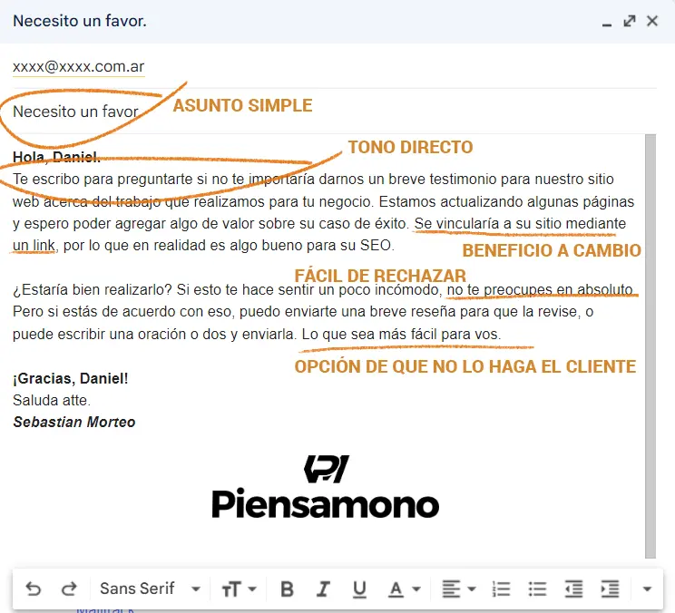 Mail para solicitar testimonio a un cliente