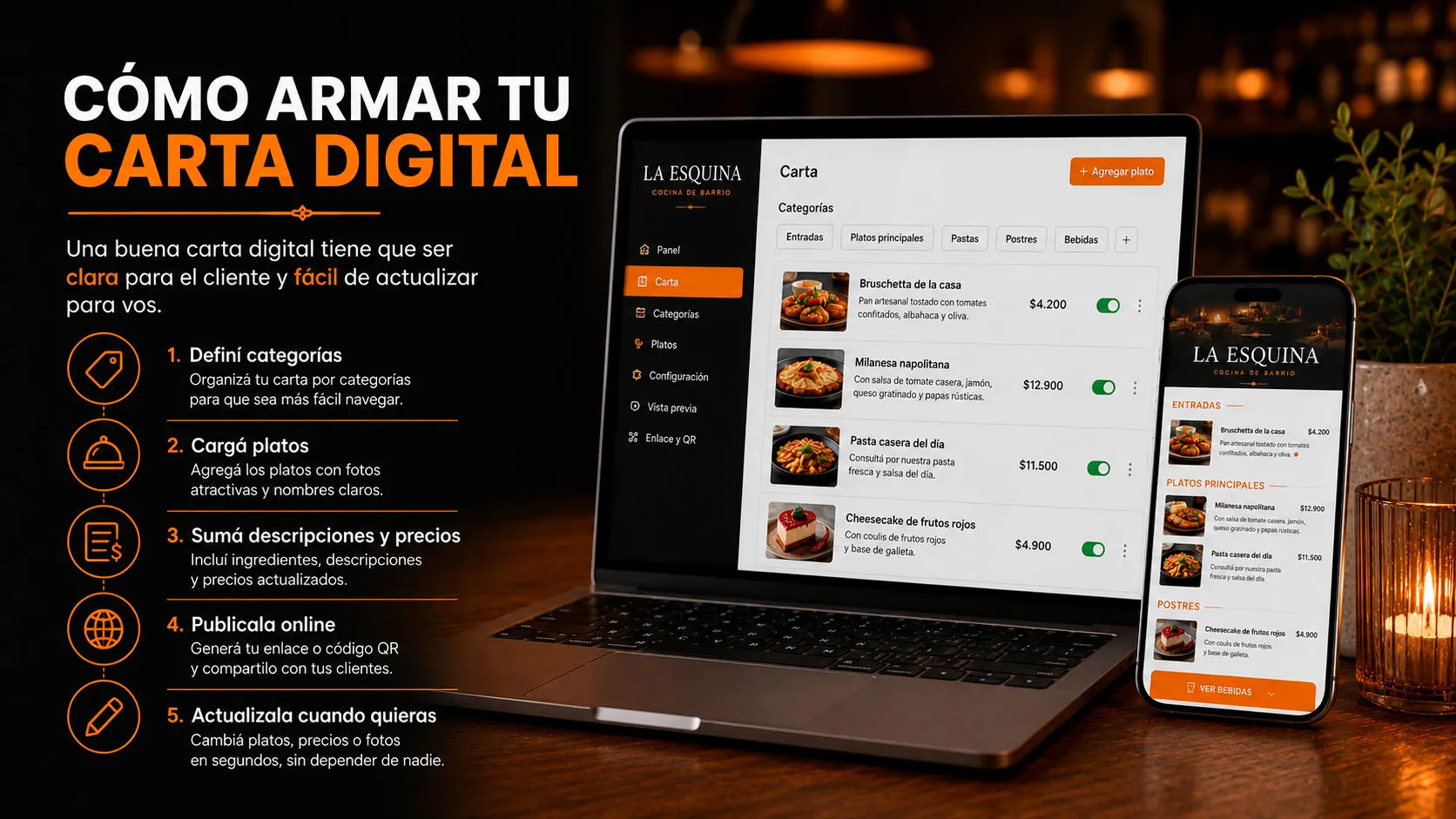 Panel para administrar platos, categorías y precios de una carta digital